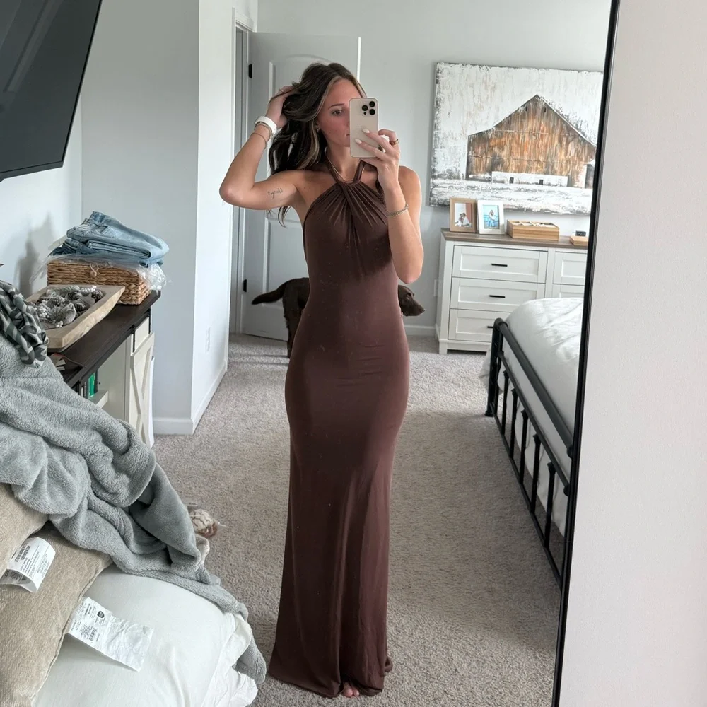Meshki | Dresses | Meshki Elyna Slinky Halter Maxi Dress Chocolate |  Poshmark
